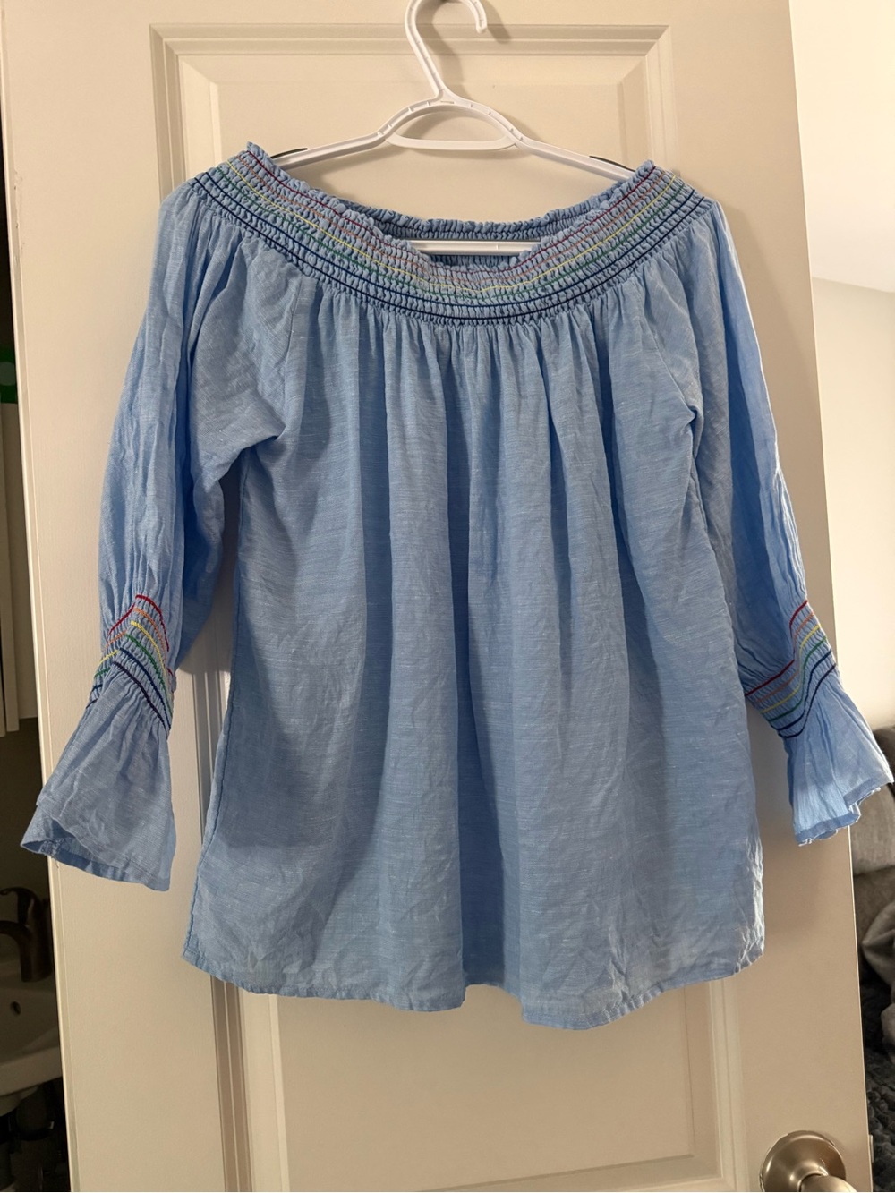 C&C California Light Blue Off-Shoulder Blouse with Rainbow Stitching 100% Linen